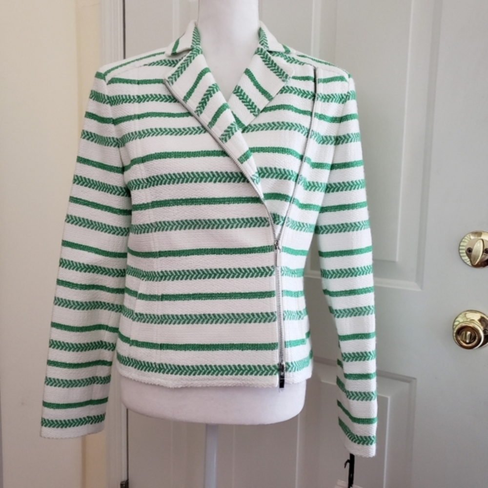NWT W by Worth Green White Striped Moto Jacket Size 2